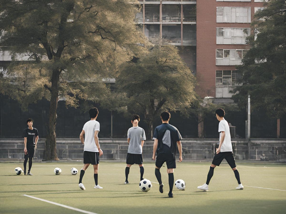 大学生がサッカーグラウンドで練習をしている
